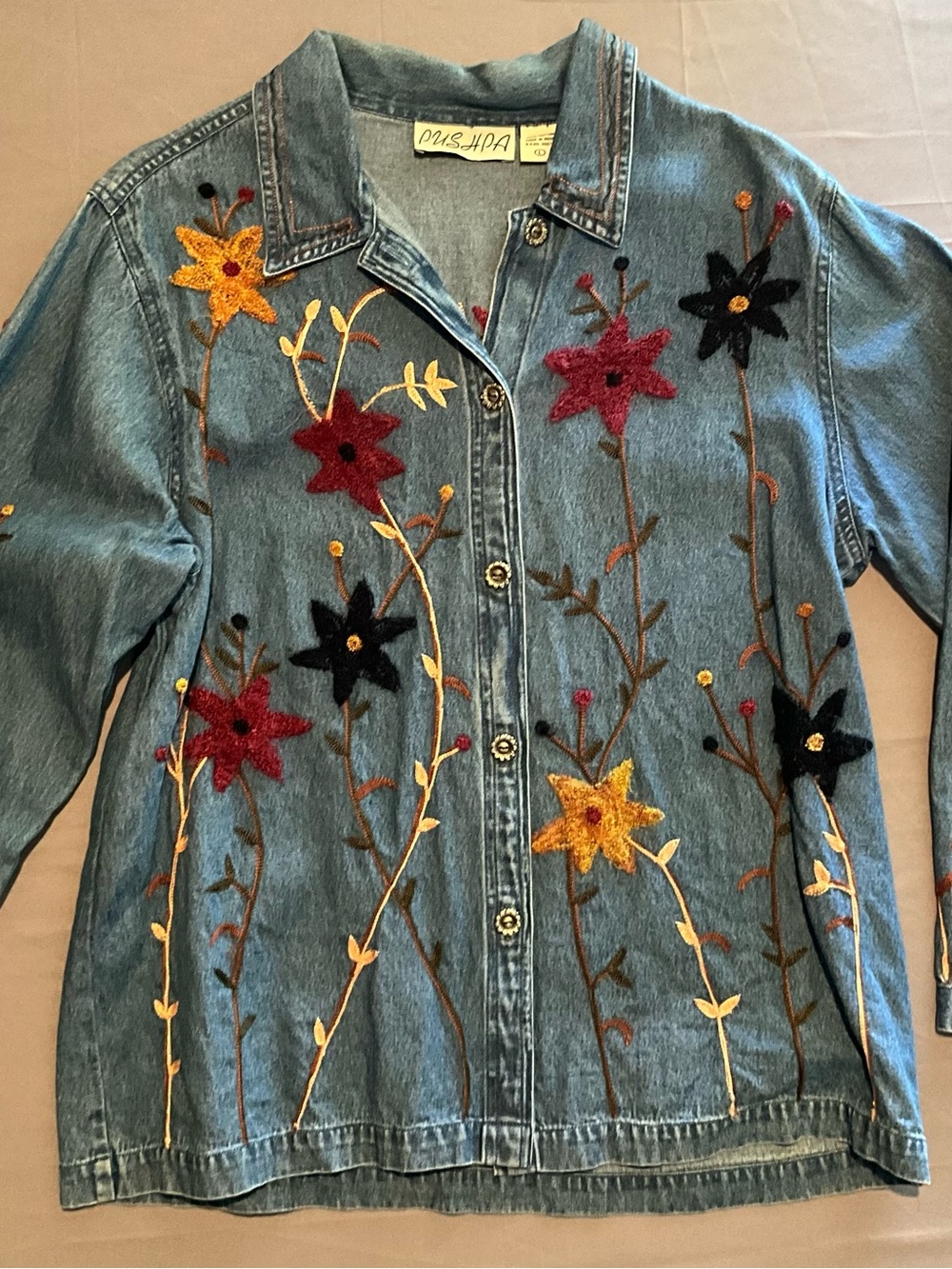 VTG Women’s Embroidery Button Down Denim Long Sleeve Shirt Sz Large By Pushpa